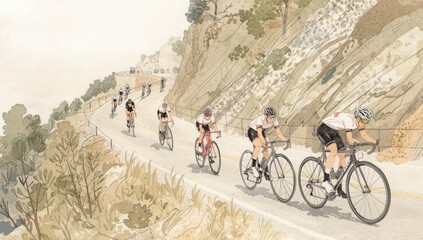 Watercolor Cyclists on a Winding Mountain Road &mdash; Road Bike Race in Green Hills