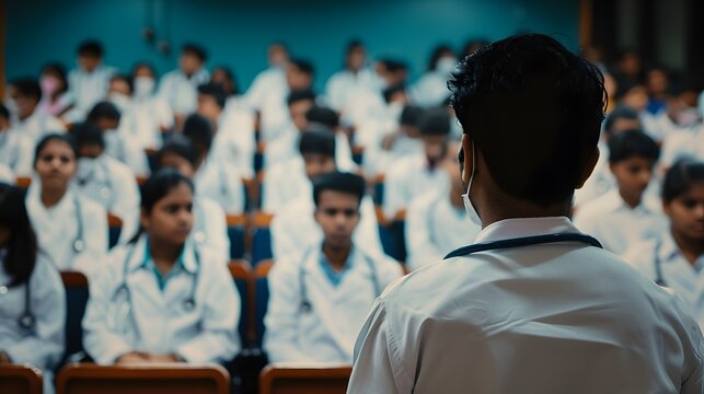 An indian teacher is standing in front of a lecture hall full of students in white lab coats, overseeing their engagement and focus. 