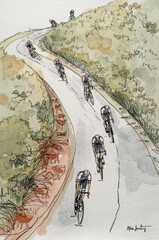 Watercolor Cyclists on a Winding Mountain Road &mdash; Road Bike Race in Green Hills