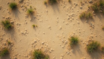 Perpendicular aerial view of arid terrain with sparse green desert grass, dry earth patches. Sandy ground features rough clay texture, patterns. Sunlight creates shadows enhancing dry, remote
