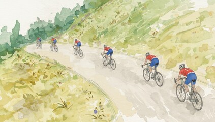 Watercolor Cyclists on a Winding Mountain Road &mdash; Road Bike Race in Green Hills