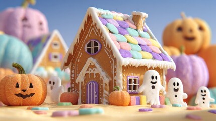 Obraz premium A charming 3D render of a haunted gingerbread house with pastel candy decorations, symbolizing a magical and sweet Halloween scene