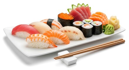 Assorted sushi and sashimi on a white plate isolated on white background