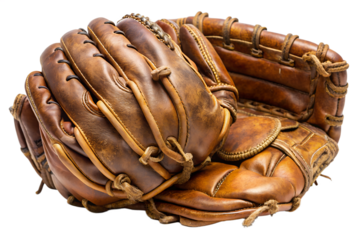 Close up of a vintage brown leather baseball glove, isolated on transparent background
