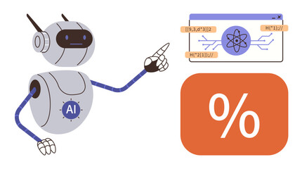 AI robot pointing at digital interface with atom graphic and calculations. Ideal for technology, AI, educational tools, automation, robotics, data analysis, simple flat metaphor