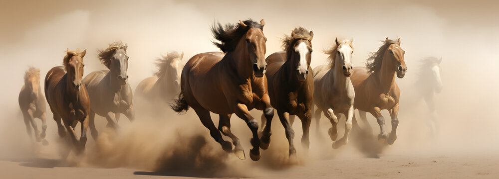 A herd of Arabian horses galloping beyond a sand storm - Powered by Adobe