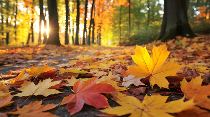 Autumn forest path covered in fallen colorful maple leaves