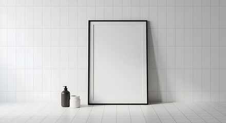 Empty black framed picture in a modern white tiled bathroom. Stylish, minimalist decor with neutral tones. Design professional showcasing a contemporary bathroom space -
