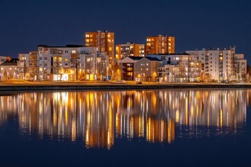 Fototapeta premium City skyline at night reflected in a calm lake
