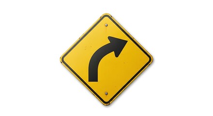 Yellow right turn ahead road sign isolated on white background
