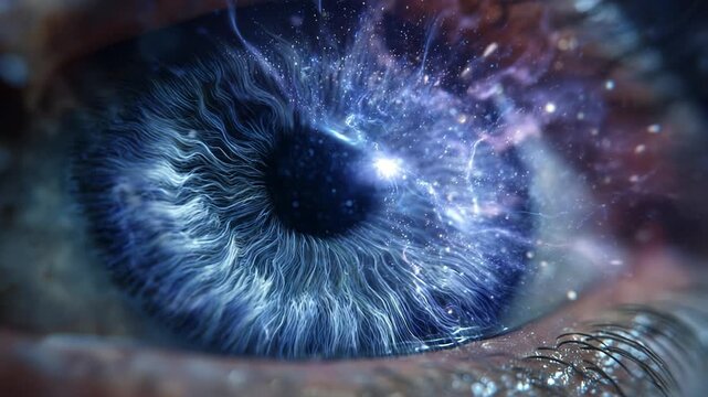 An awe-inspiring portrayal of a human eye reveals vibrant colors and cosmic elements, showcasing mesmerizing patterns and the depth of the universe within.