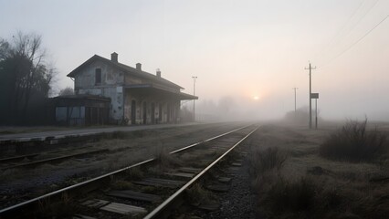 Foggy Railway Station with Abandoned Building and Tracks Stretching into the Distance