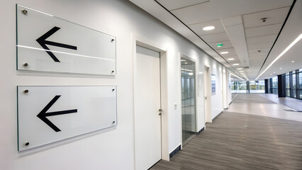 Modern office corridor with directional arrow signage and contemporary interior design elements