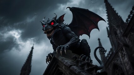 Gargoyle with Red Eyes Perched on Gothic Architecture Under Stormy Skies