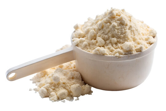 Close up of a scoop of whey protein powder, isolated on transparent background