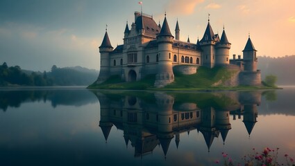 A majestic castle reflecting in a serene lake at sunset with a picturesque landscape surrounding it