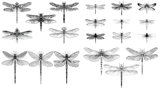 Elegant collection of detailed dragonfly illustrations with transparent wings. Perfect for nature art, vintage design, and entomology decor.