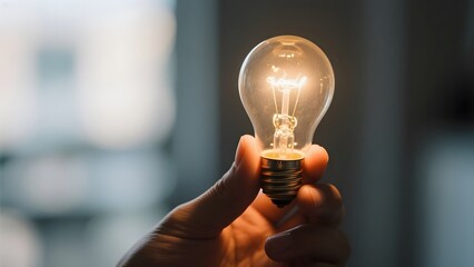 Hand holding a glowing light bulb, symbolizing ideas or innovation.