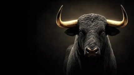 Majestic black bull with golden horns in soft light on dark background, powerful 3D vertical portrait for strength-themed posters, sports branding and mythological decor.
