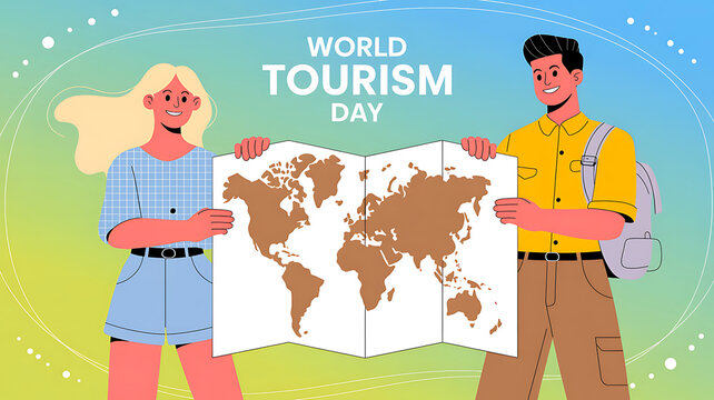 Couple holding world map celebrating tourism day travel