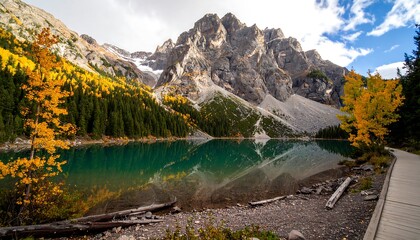 Autumn lake nestled in mountains