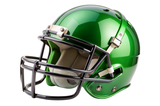 Green american football helmet isolated on transparent background, offering protection for the head during intense game play