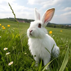 White Rabbit on Green Grass with Small Flowers, Cute Bunny Outdoors, Spring Nature Scene, Fluffy Pet Animal