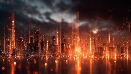 Obraz premium Fiery city skyline at night under a stormy sky