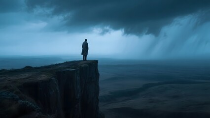 A solitary figure stands on a cliff edge under a stormy sky, overlooking a vast landscape.