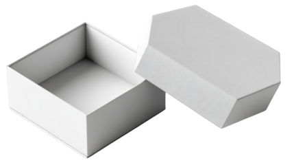 White Hexagonal Gift Box with Lid Ajar Textured Cardboard Empty Interior.