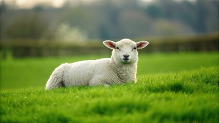 Fototapeta premium White sheep resting on lush green field — reflecting calmness and pastoral beauty