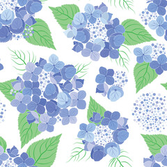 Raster illustration. Blue hydrangea 
flowers seamless repeat pattern on white background. Best for packaging, bedding and home decor.