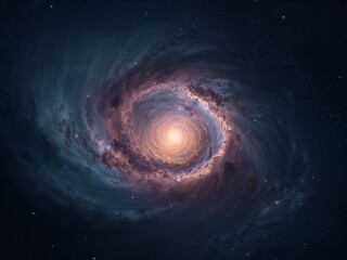 Obraz premium A Distant Spiral Galaxy with a Luminous Core and Swirling Nebulae in Dark Cosmos.