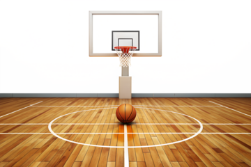 Basketball hoop and ball on court isolated on transparent background for sport and recreation concept