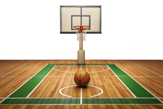 Basketball hoop and ball on court isolated on transparent background for sport and recreation concept