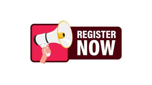 Hand holding megaphone with register now text