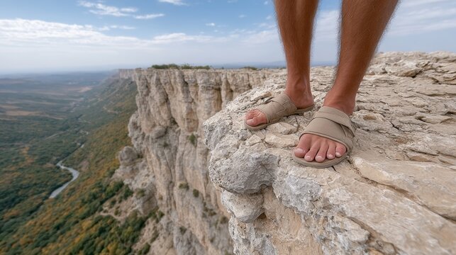 Man stands on a rocky cliff with his feet bare. Concept of adventure and freedom, as the man is embracing the natural surroundings and enjoying the outdoors. The bare feet suggest a casual - Powered by Adobe