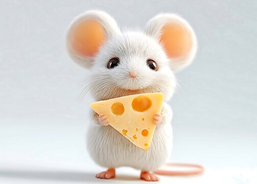 Adorable fluffy white mouse character holding a large slice of swiss cheese with holes - Powered by Adobe
