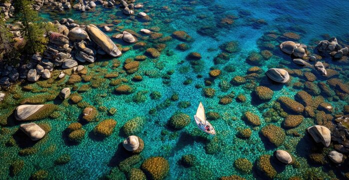 Aerial view of a sailboat on clear lake, surrounded by rocks