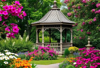 Ornate gazebo nestled amongst vibrant flowers and lush greenery, image, nature