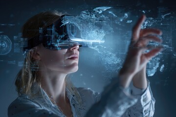 Woman using VR headset, interacting with holographic data