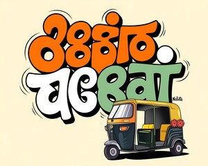 Colorful marathi script with a classic auto rickshaw illustration