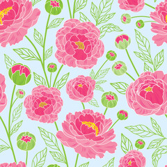 Raster illustration. Pink peonies with outlined leaves on sky blue background. seamless repeat pattern. Best for packaging, home decor and bedding.