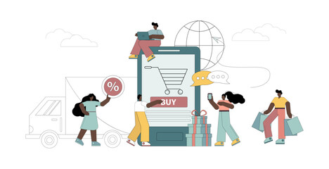 Sales and shopping concept. People make purchases using gadgets, mobile applications and the Internet. Vector flat illustration.