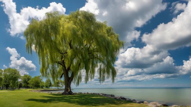 Scenic view of a weeping willow tree by the lake under a cloudy blue sky, peaceful nature scene