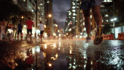 Obraz premium Night city street race reflected in puddles