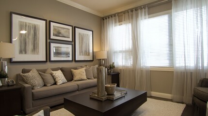 Fototapeta premium Scandinavian-inspired living space with neutral tones and abstract art, radiating modern comfort.