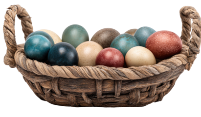 Hand-painted eggs in a small, shallow, woven basket