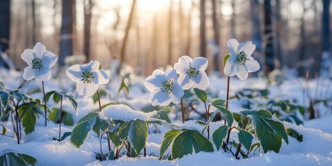 Frost covered hellebores blooming in winter forest.