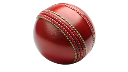 Isolated on transparent background, a vibrant red cricket ball with intricate stitching, ideal for sports and game visuals